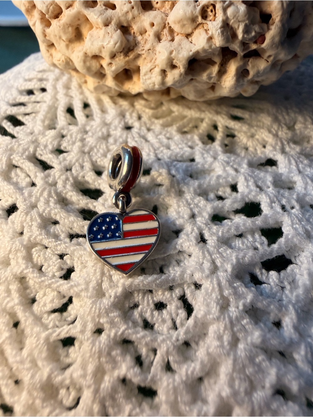 Authentic retired Pandora Patriotic Heart Flag Charm Silver Red White Blue